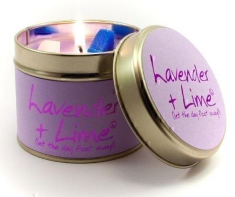Let Lily Flame scented candles transport you to a different place - Lavender & Lime; Let the Day Float Away! A Classic heavy scented lavender blended with a contemporary citrus edge. Very pretty colours too. Look - blue and white chunks. Burn Time 35 hour